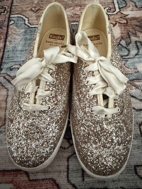 Keds x Kate Spade champagne glitter sneakers with satin ribbon lace 5.5 size